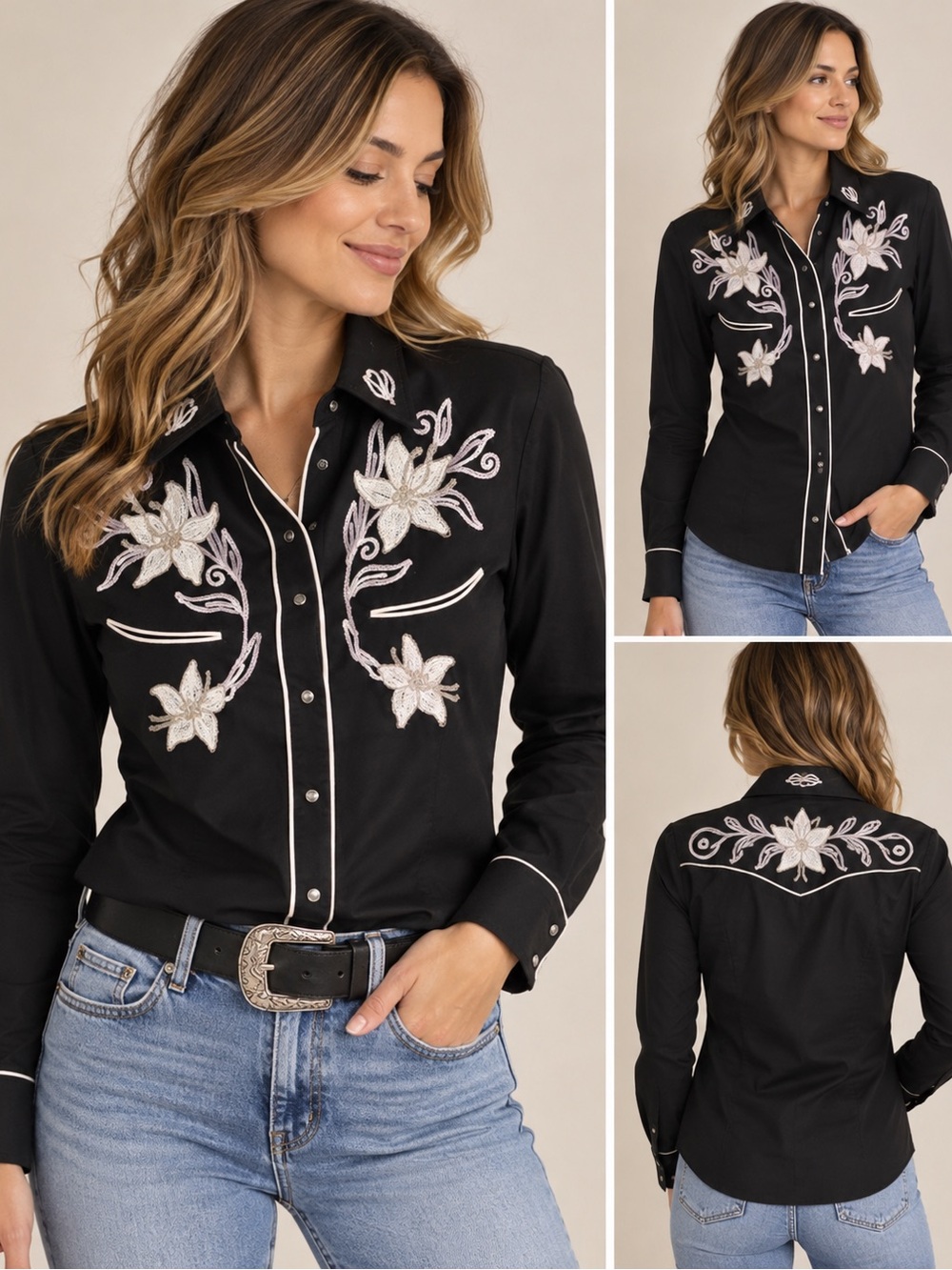 Karman Western Shirt Black Floral Embroidered Pearl Snap Women’s Approx M?